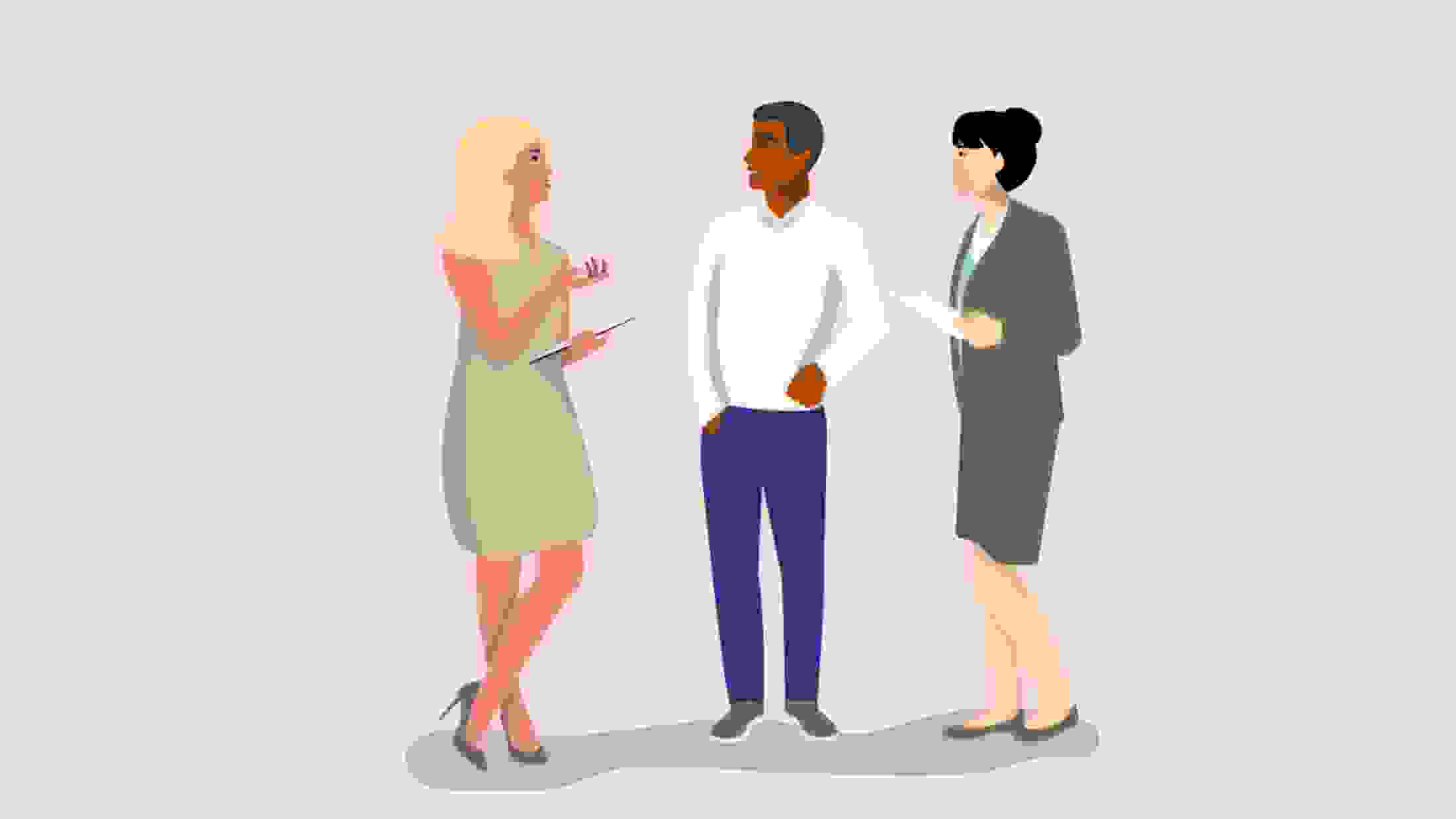 Illustration of three people, one man and two women, standing in front of a pink background. They appear to be having a conversation while holding papers and tablets