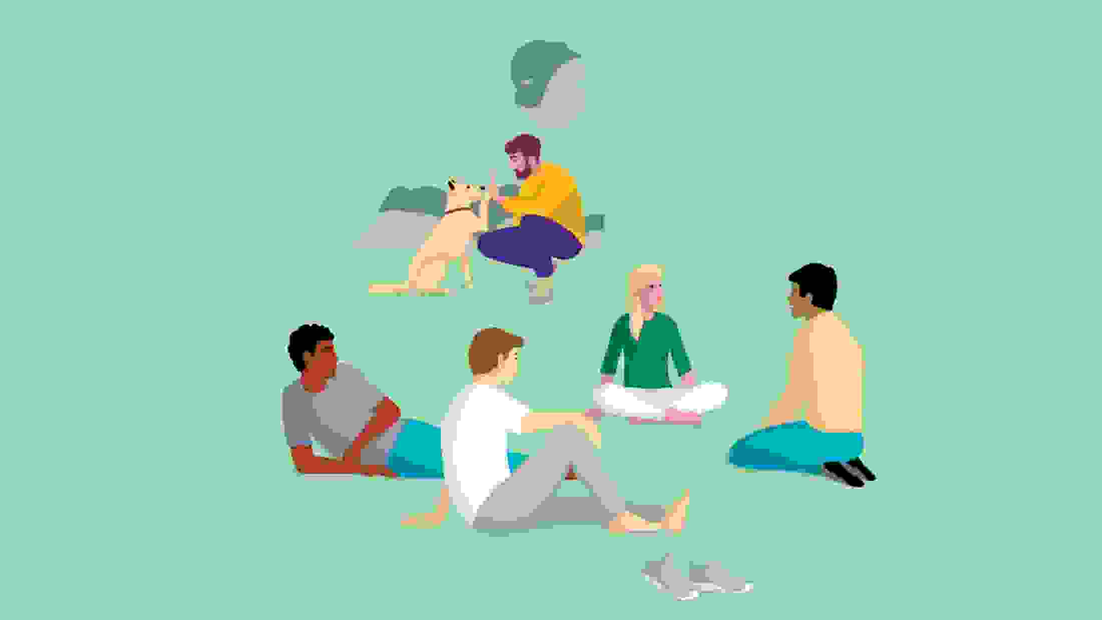 Illustration of a person feeding his dog with a sad expression in front of a group of 4 people who are socializing on the grass. 