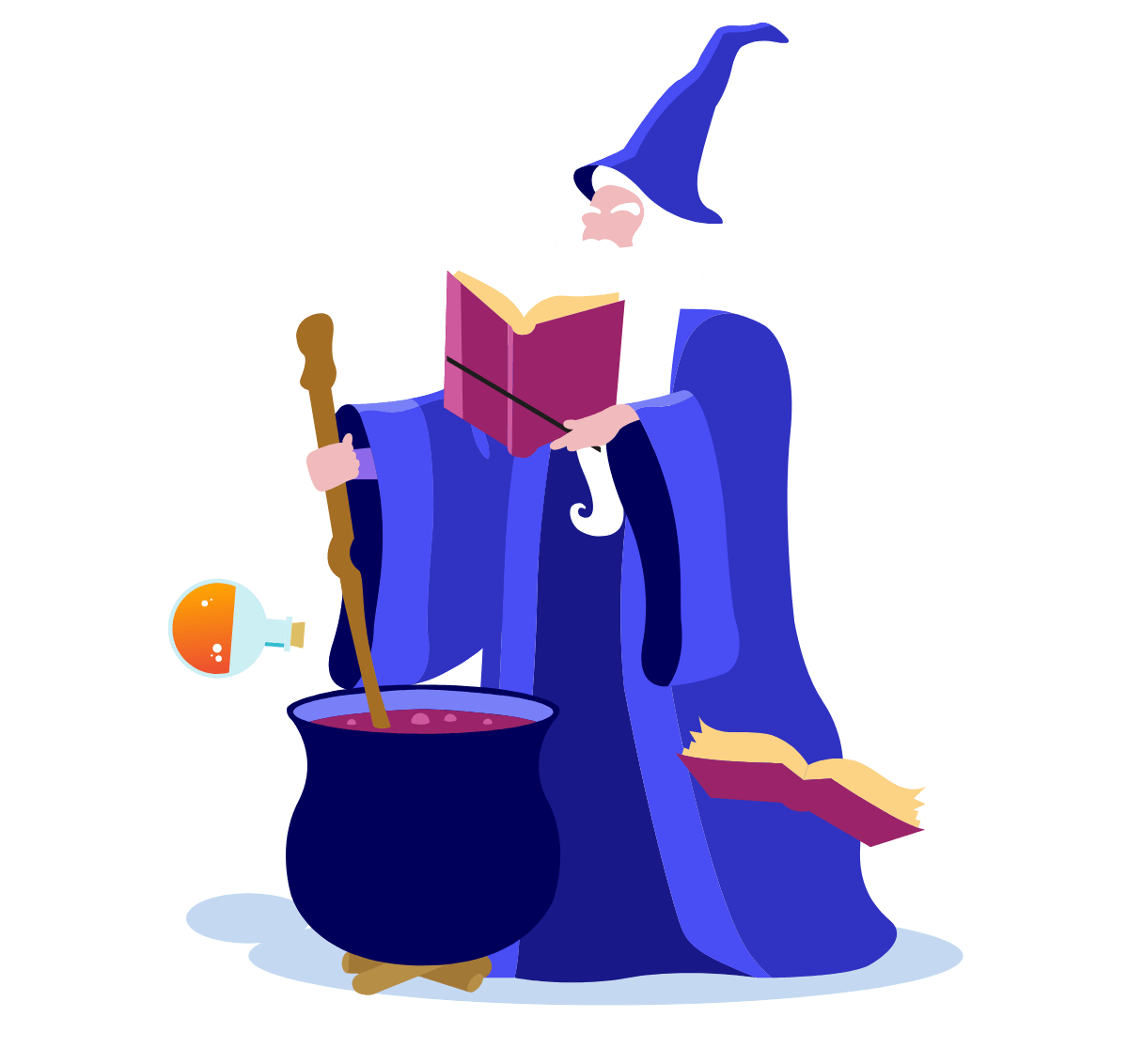 Wizard cooking up a spell in his cauldron