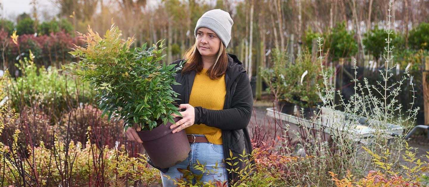 Bryony, AXA Customer, holding a plant while working in a garden