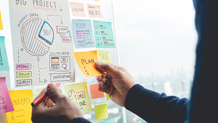 A series of post-it notes being used by a small business for strategic planning