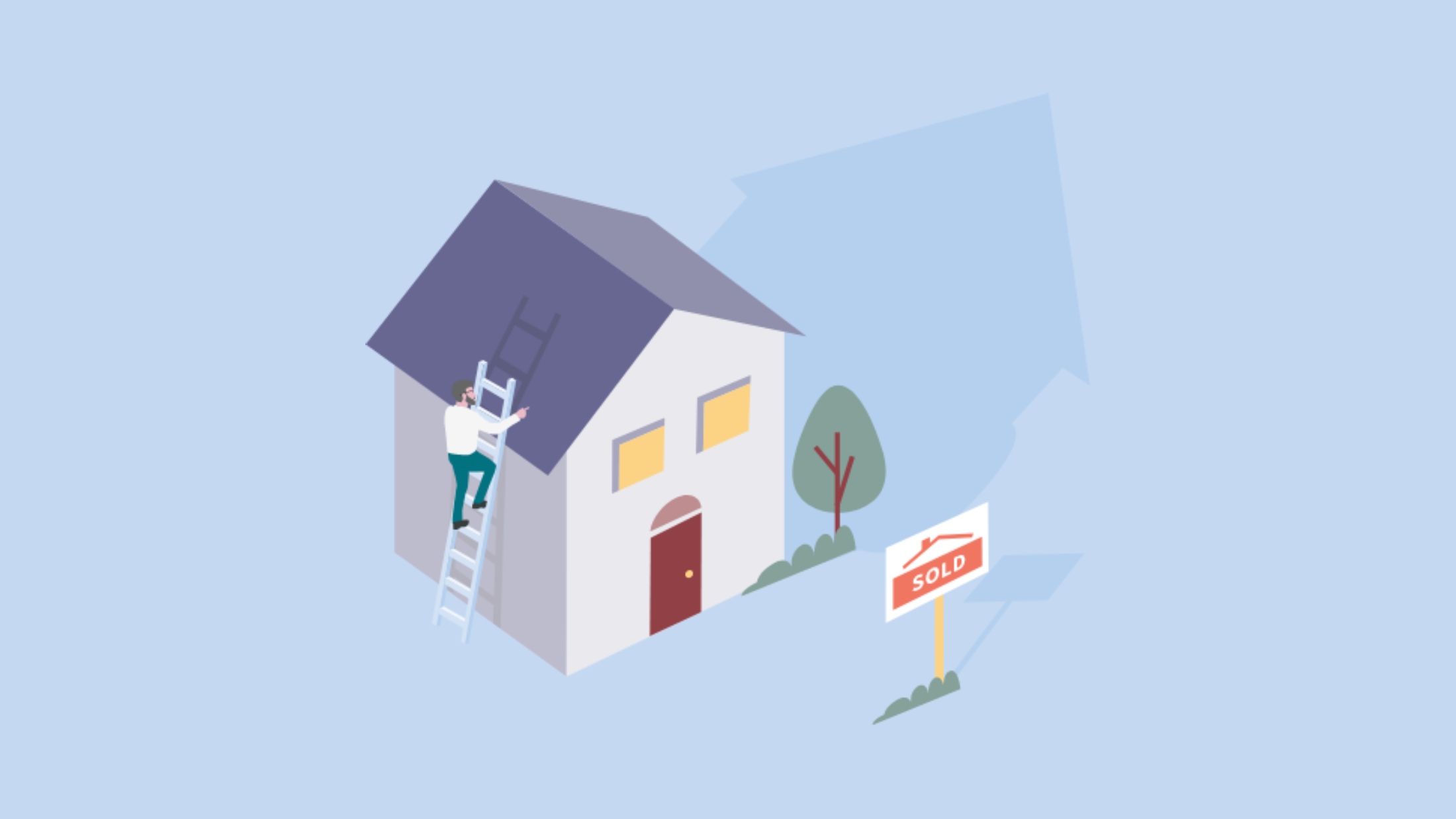 Man up a ladder outside a house with a sold sign in its front graden