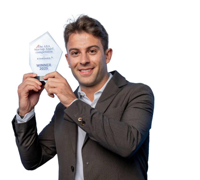 Dyamotech founder Simone Panella holding the AXA Startup Angel award