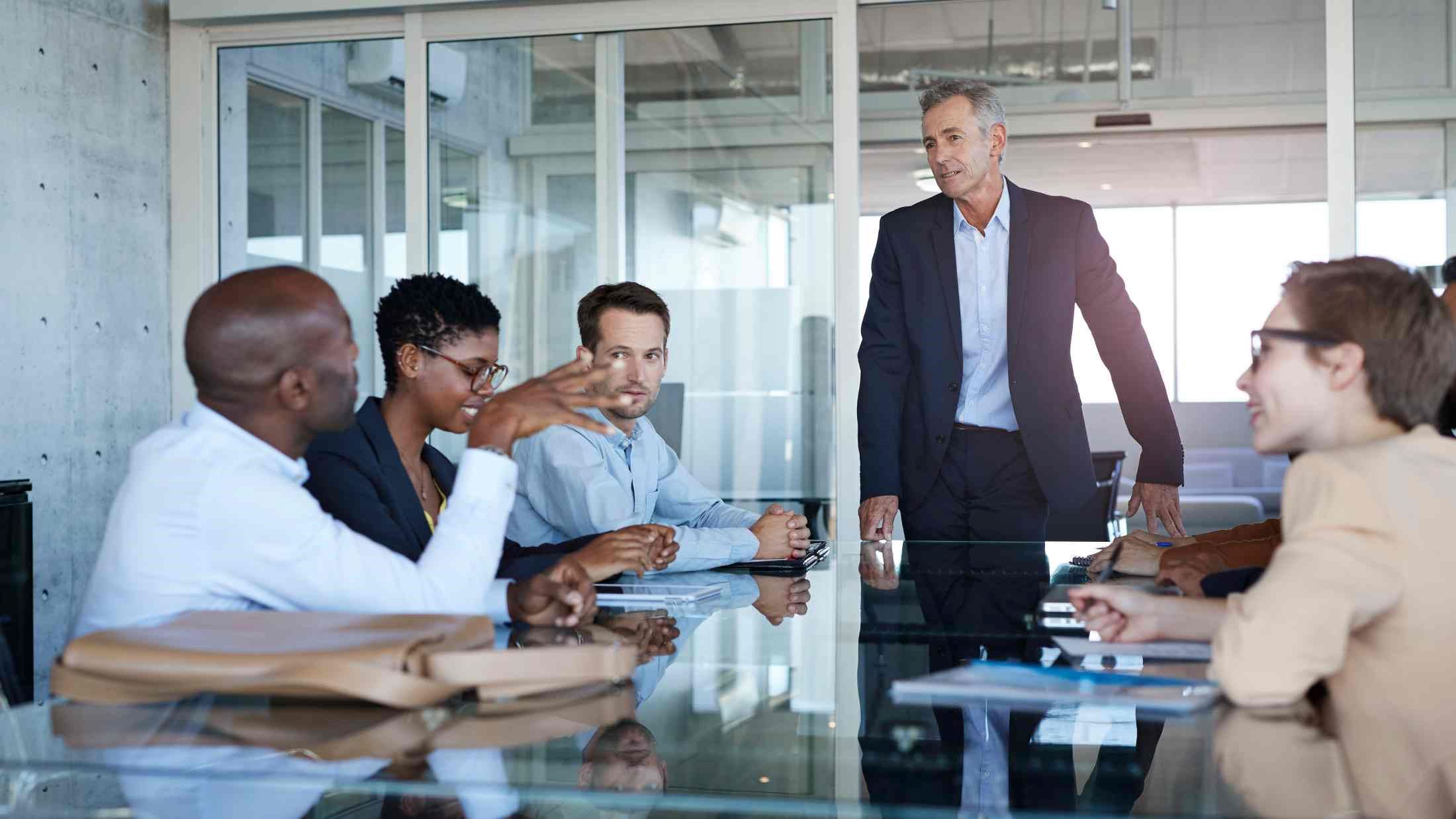 Male CEO presenting plan in meeting room