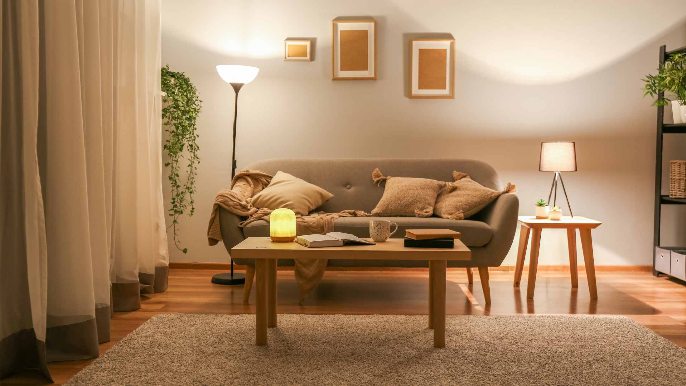 Stylish interior of living room at night