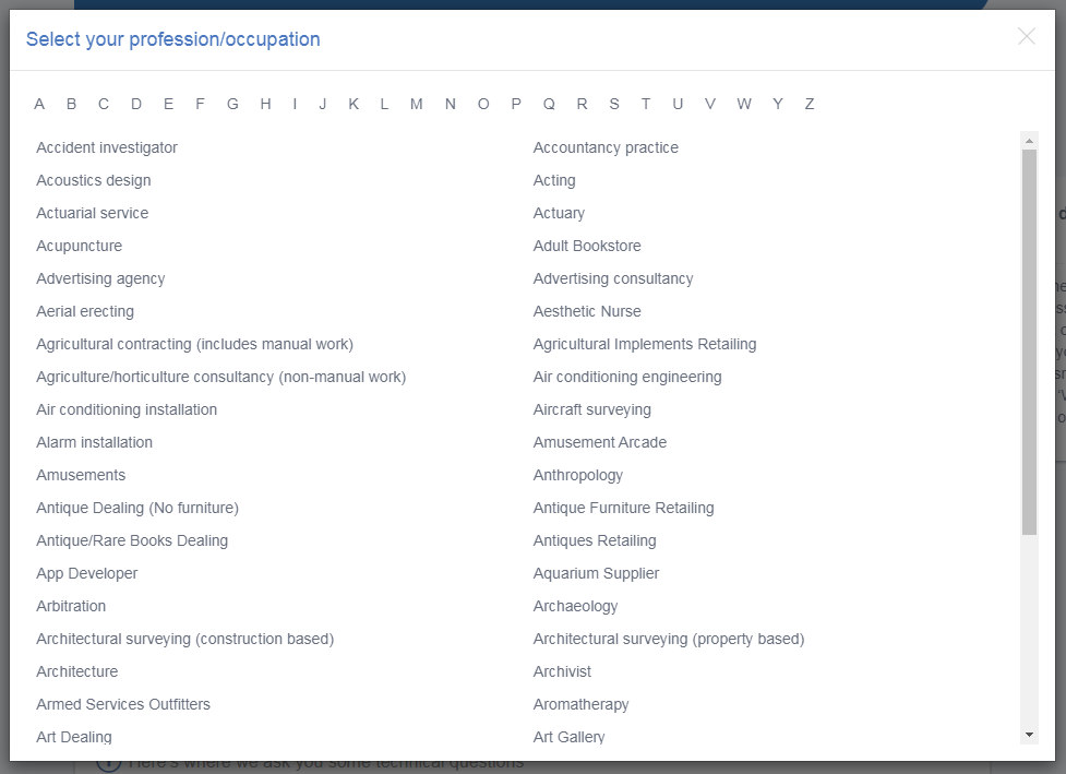 A-Z list of occupations as shown when purchasing an AXA Business Insurance policy