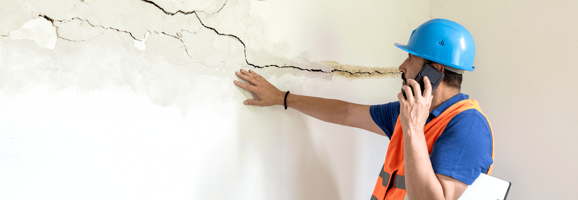 man-inspecting-broken-plaster-on-the-wall