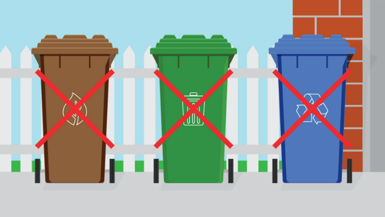 Illustration of three household waste bins that you should not use to dispose Japanese knot-weed in