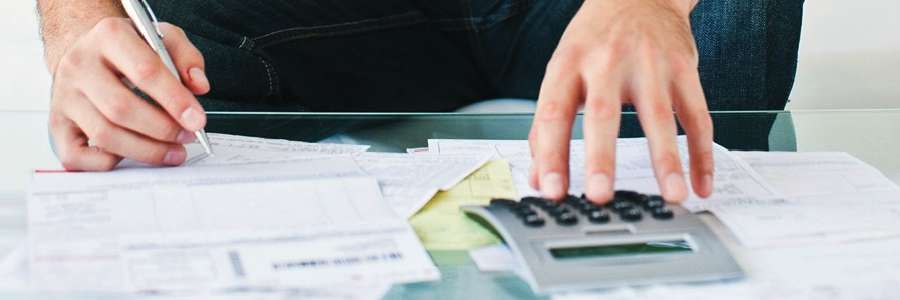 Person using calculator while filling in their tax return