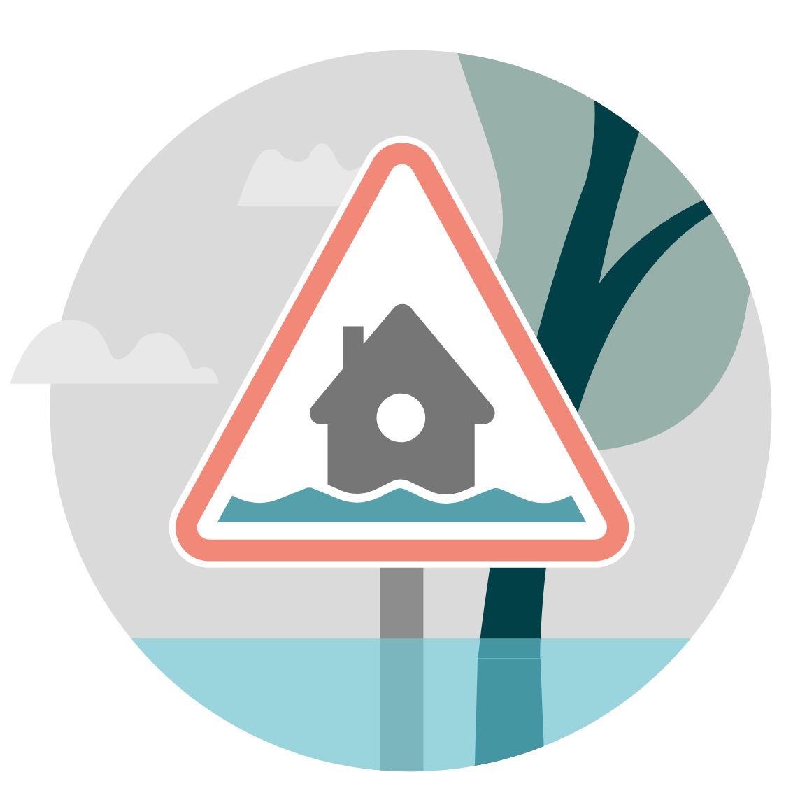 Illustration of a flood warning sign partially submerged by water