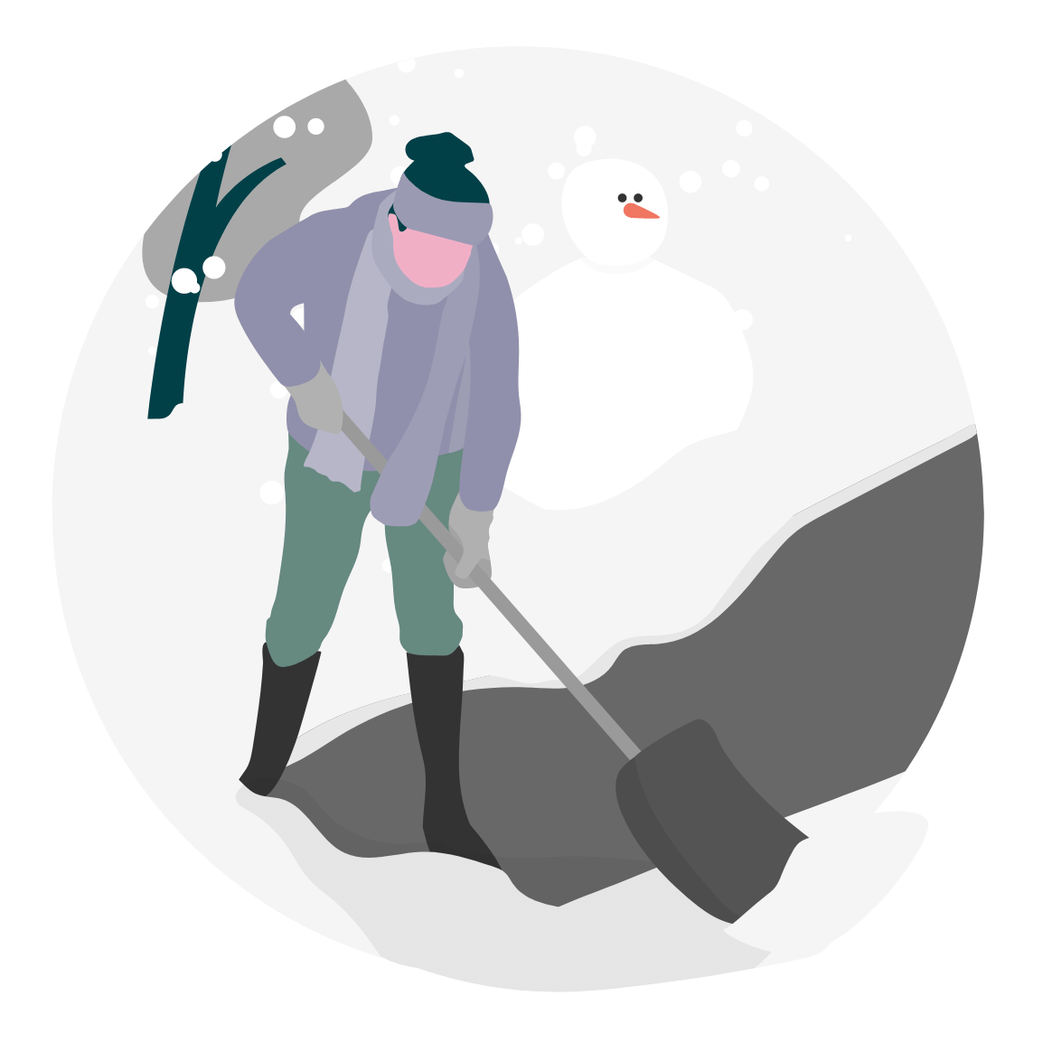 Illustration of a lady woman wearing a thermal headband and scarf using a shovel to clear her driveway