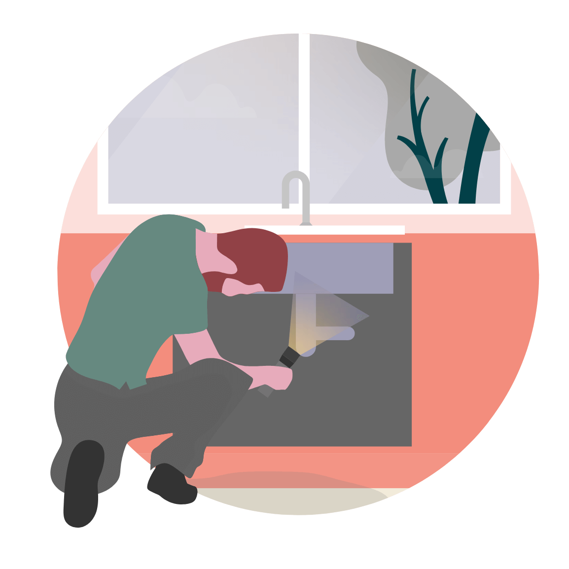 Illustration of a man inspecting the pipes underneath his sink