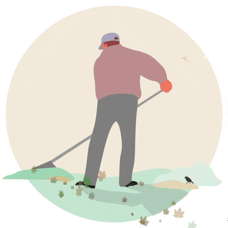 Illustration of a man sweeping up the leaves in his garden