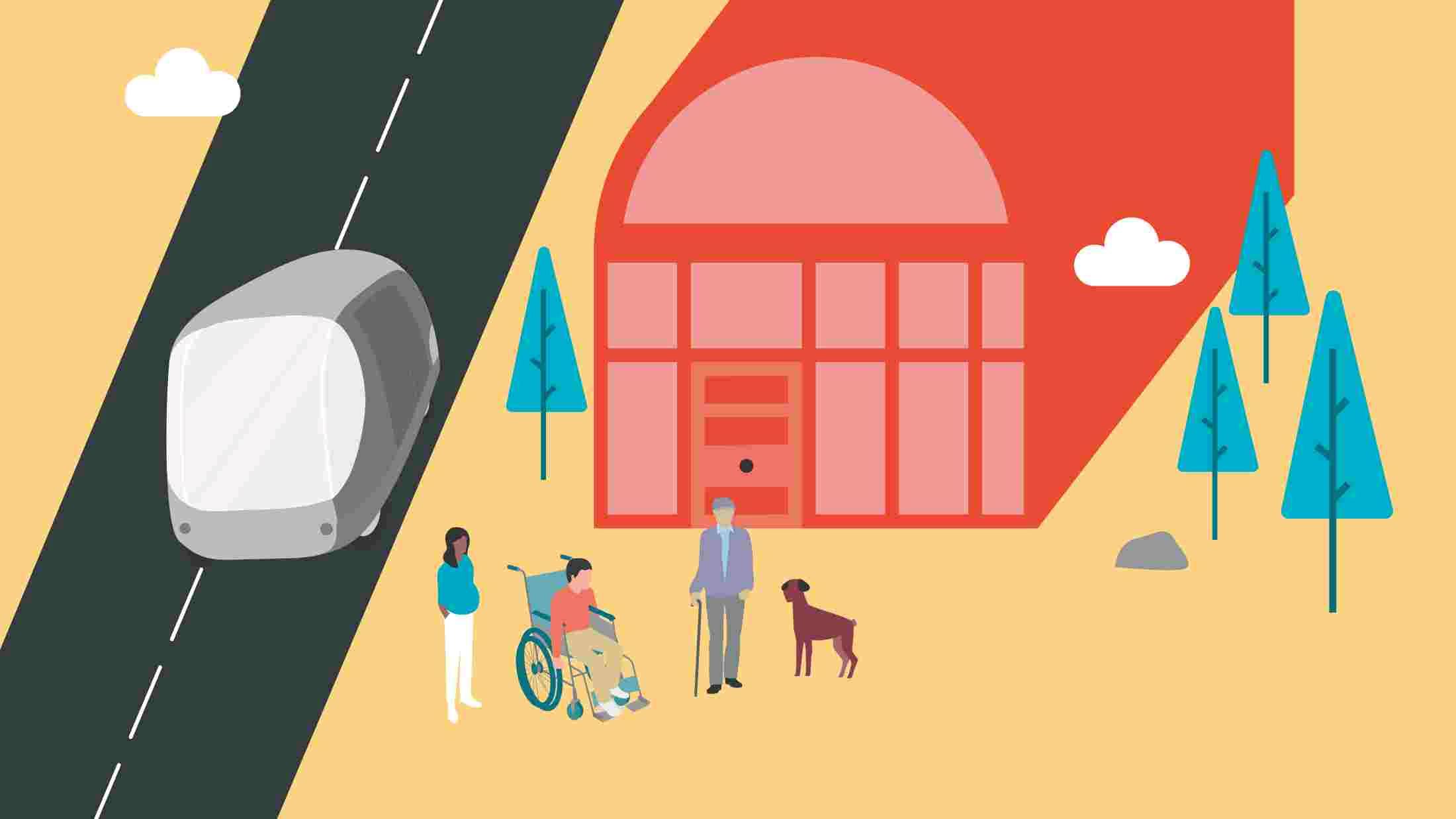 Infographic of a senior citizen, wheelchair user, a pregnant woman, and a dog waiting for an autonomous car