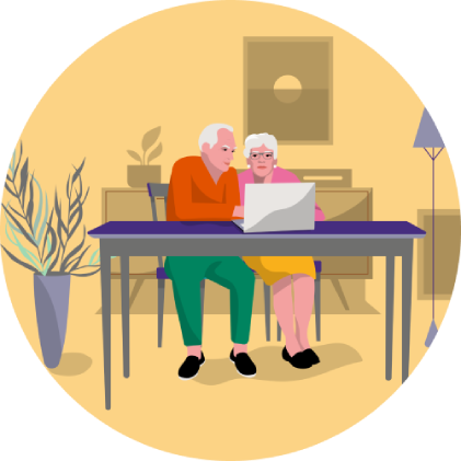 Illustration of an old couple who are working with their laptop in their home