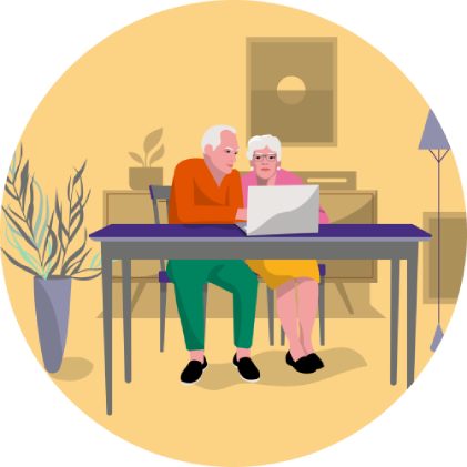 illustration of an old couple working with a laptop in their home