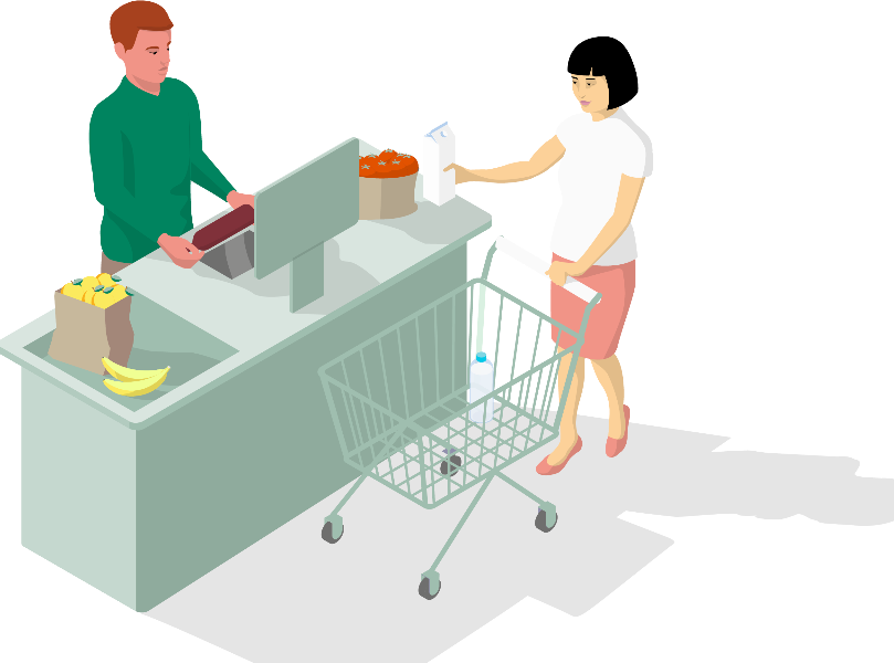 Illustration of a female-
		 checking out in a supermarket
