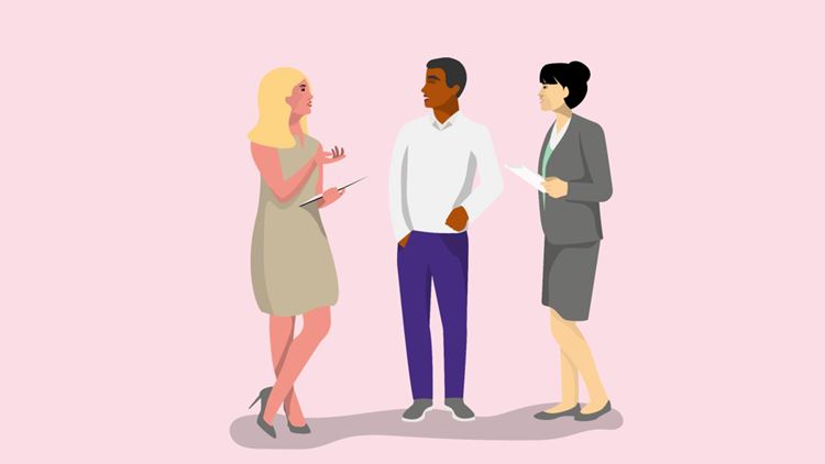 Illustration of three people, one man and two women, standing in front of a pink background. They appear to be having a conversation while holding papers and tablets