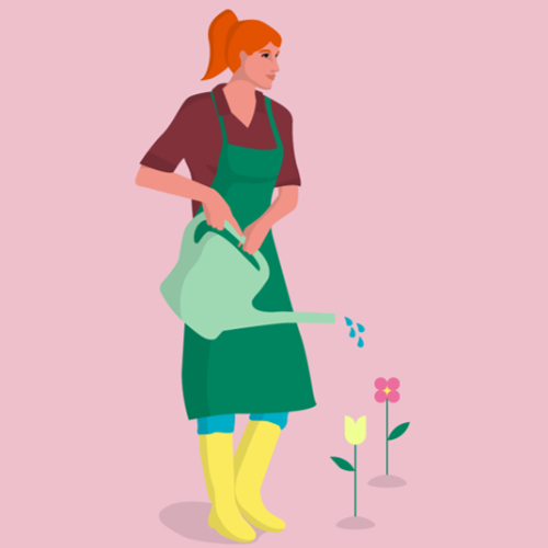 Illustration of a woman holding a clear jug and pouring water into small pots containing flowers