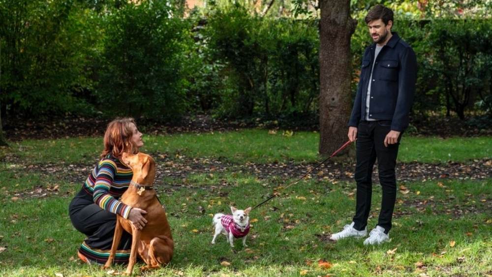 Jack Whitehall and Dr Annabel Bentley walking their dogs