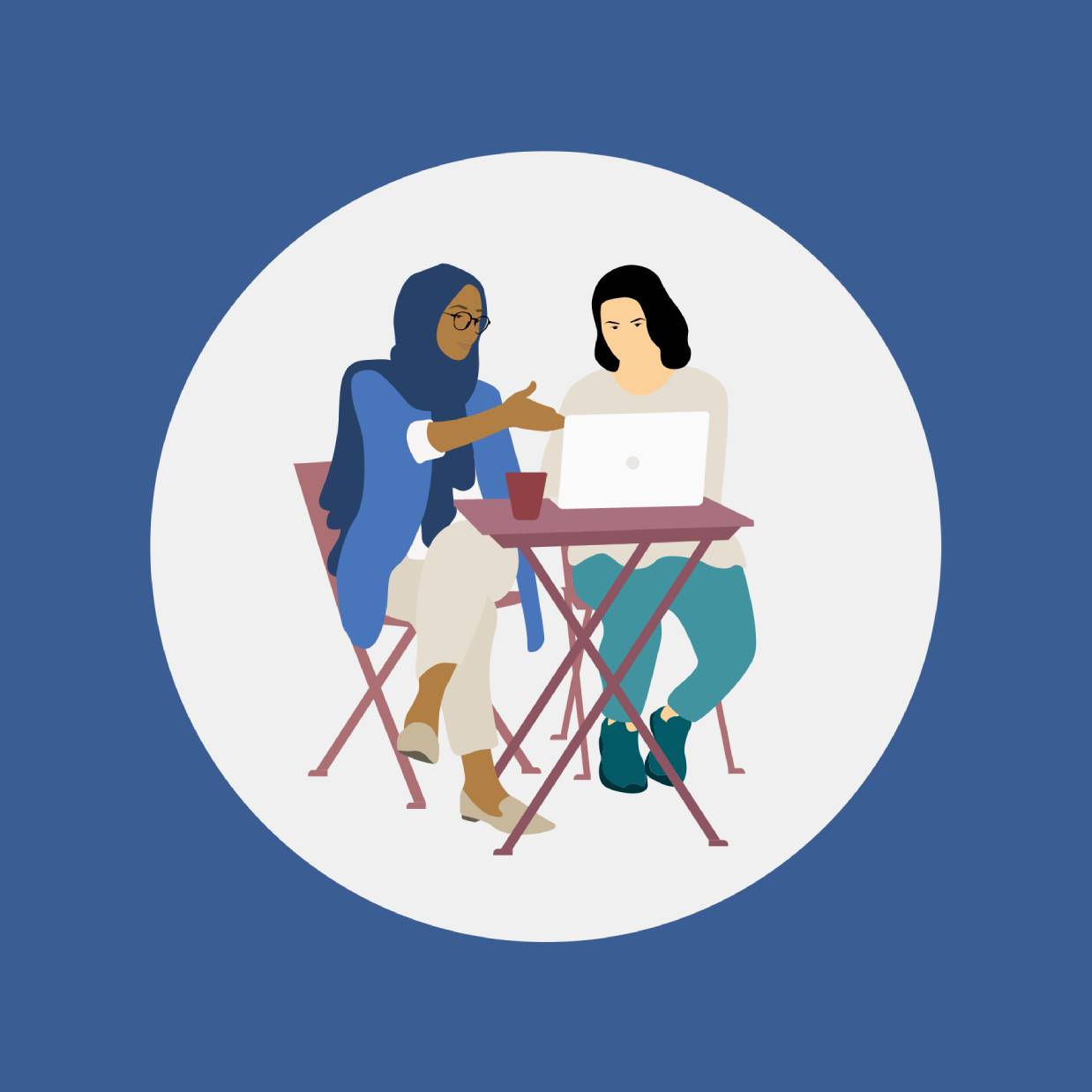 Illustration of two women sat at a table. The woman on the left is pointing something out on the other's laptop screen.