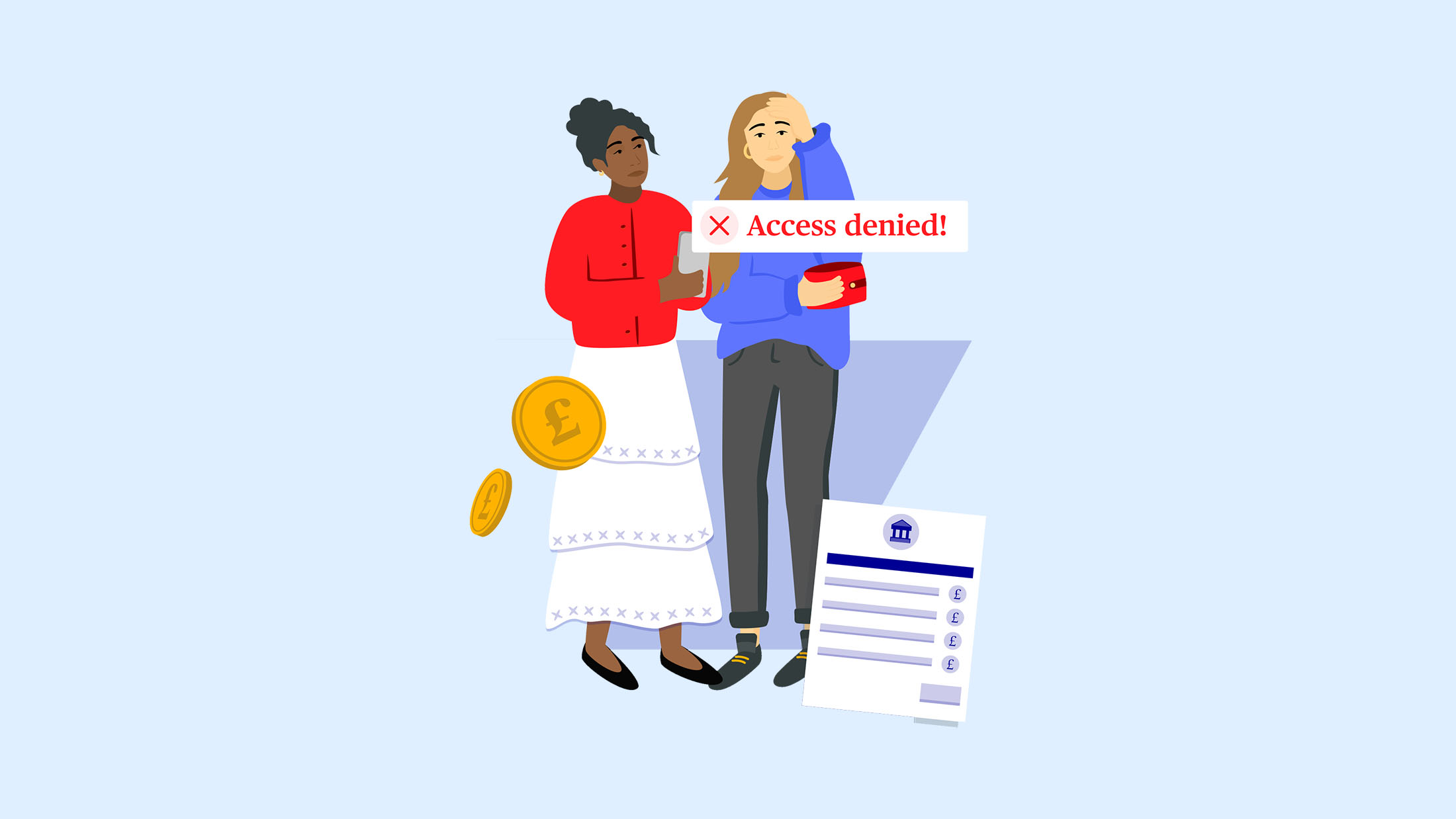 Illustration of two women appearing stressed having been denied access to money