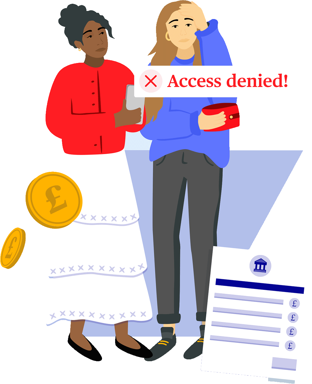 Illustration of two women appearing stressed having been denied access to money