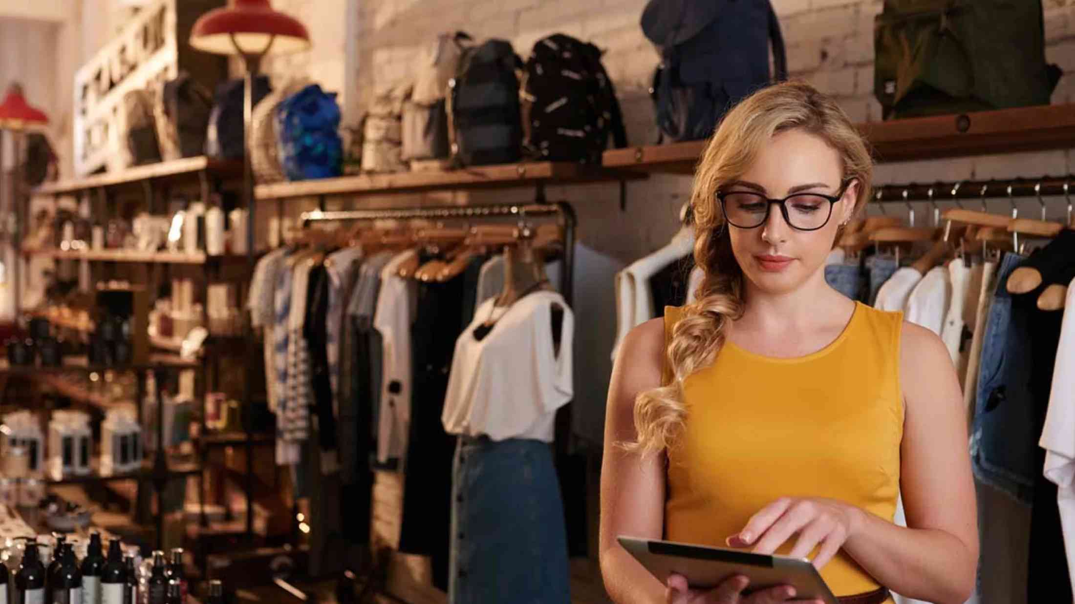 Woman wearing mustard coloured sleeveless top using an iPad while stood in her clothes shop