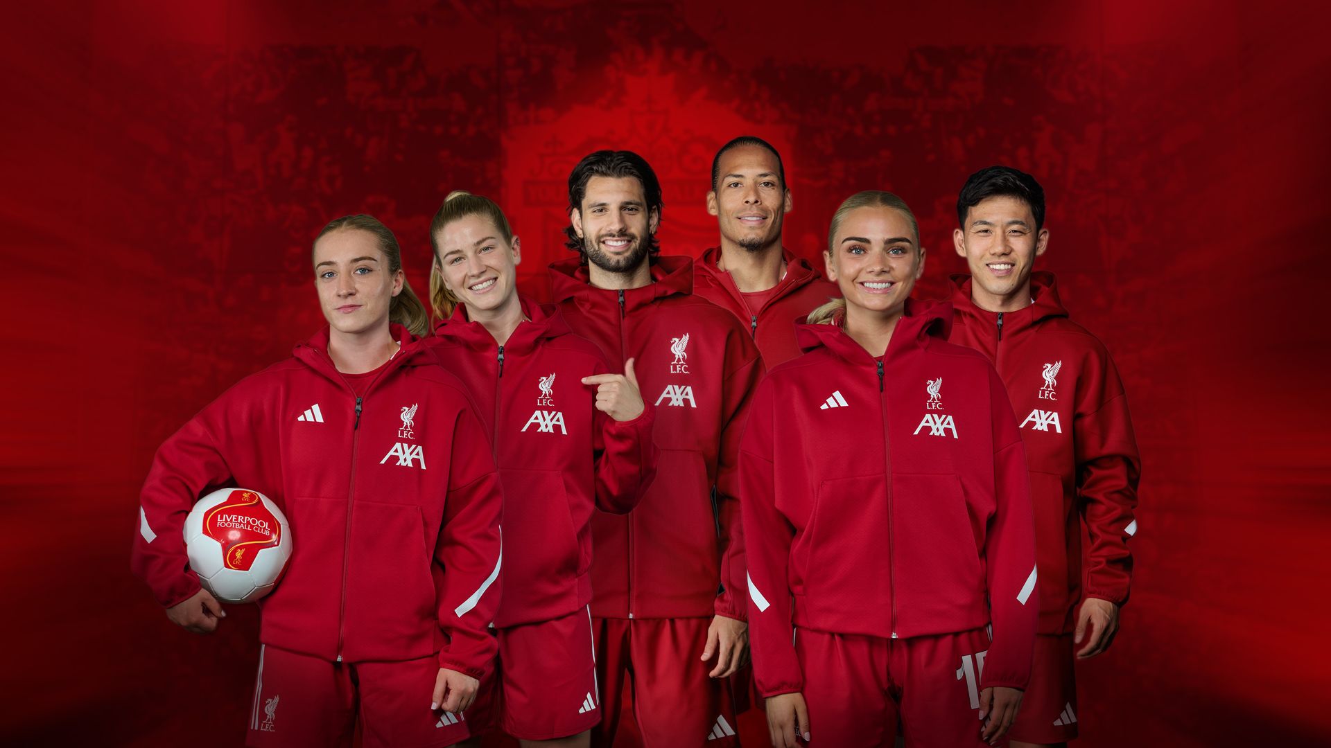 Six Liverpool FC football players stand in red LFC and AXA branded tracksuits