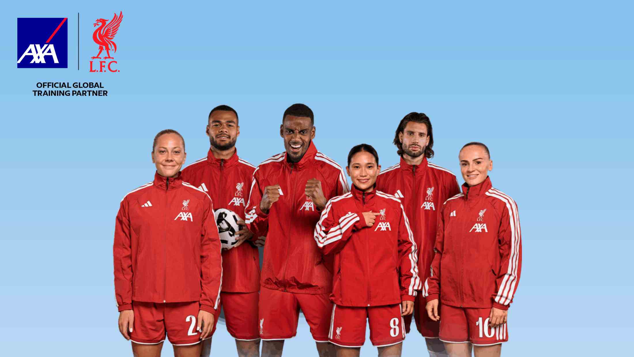 Liverpool FC men's and women's players wearing anthem jackets with the AXA logo for the 2026-2027 season