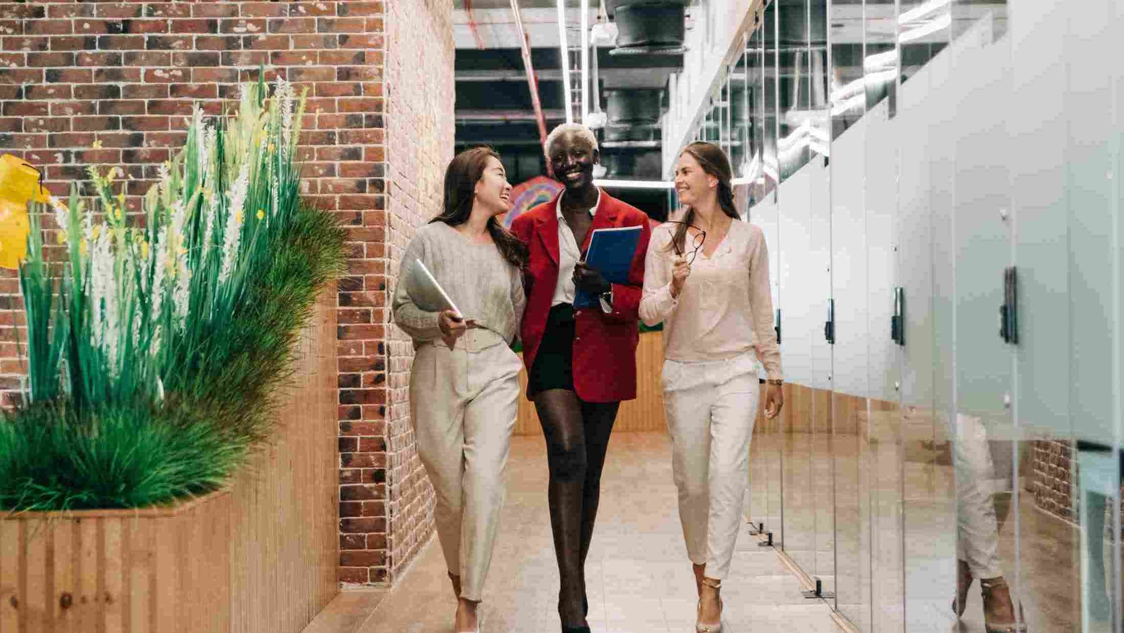 businesswomen walking and discussing project in contemporary office