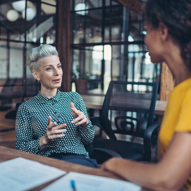 Two businesswomen talking in the office