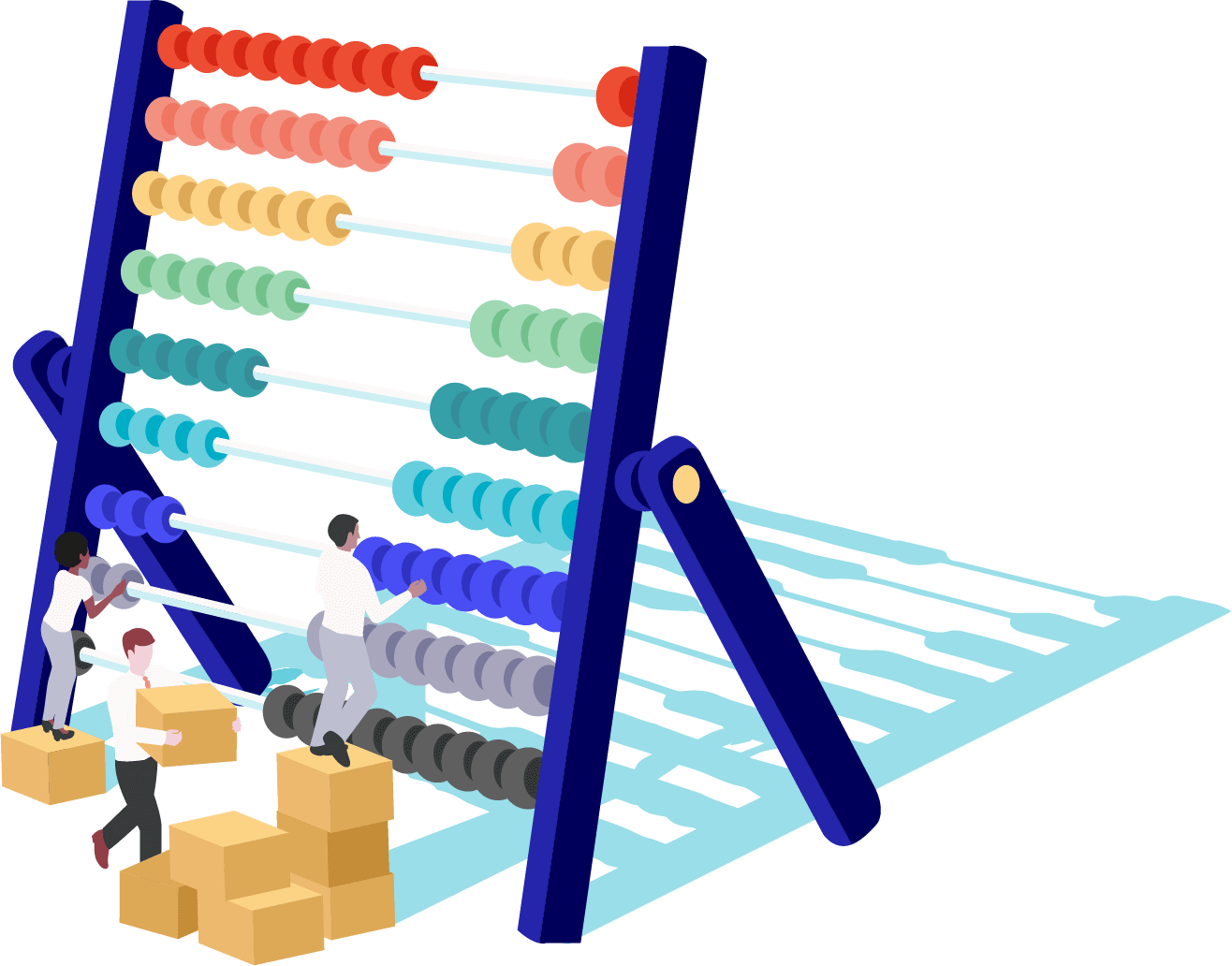 Men and women moving an abacus around