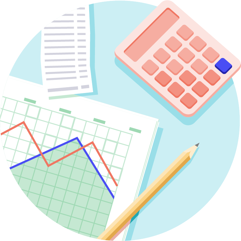 Desktop showing calculator, line-graph and pencil from above
