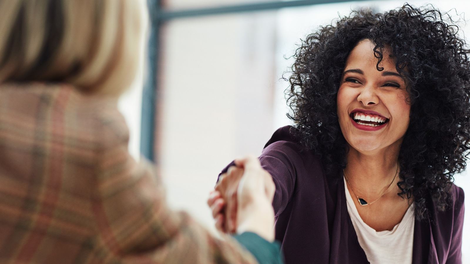 A management consultant shakes hands with a client.