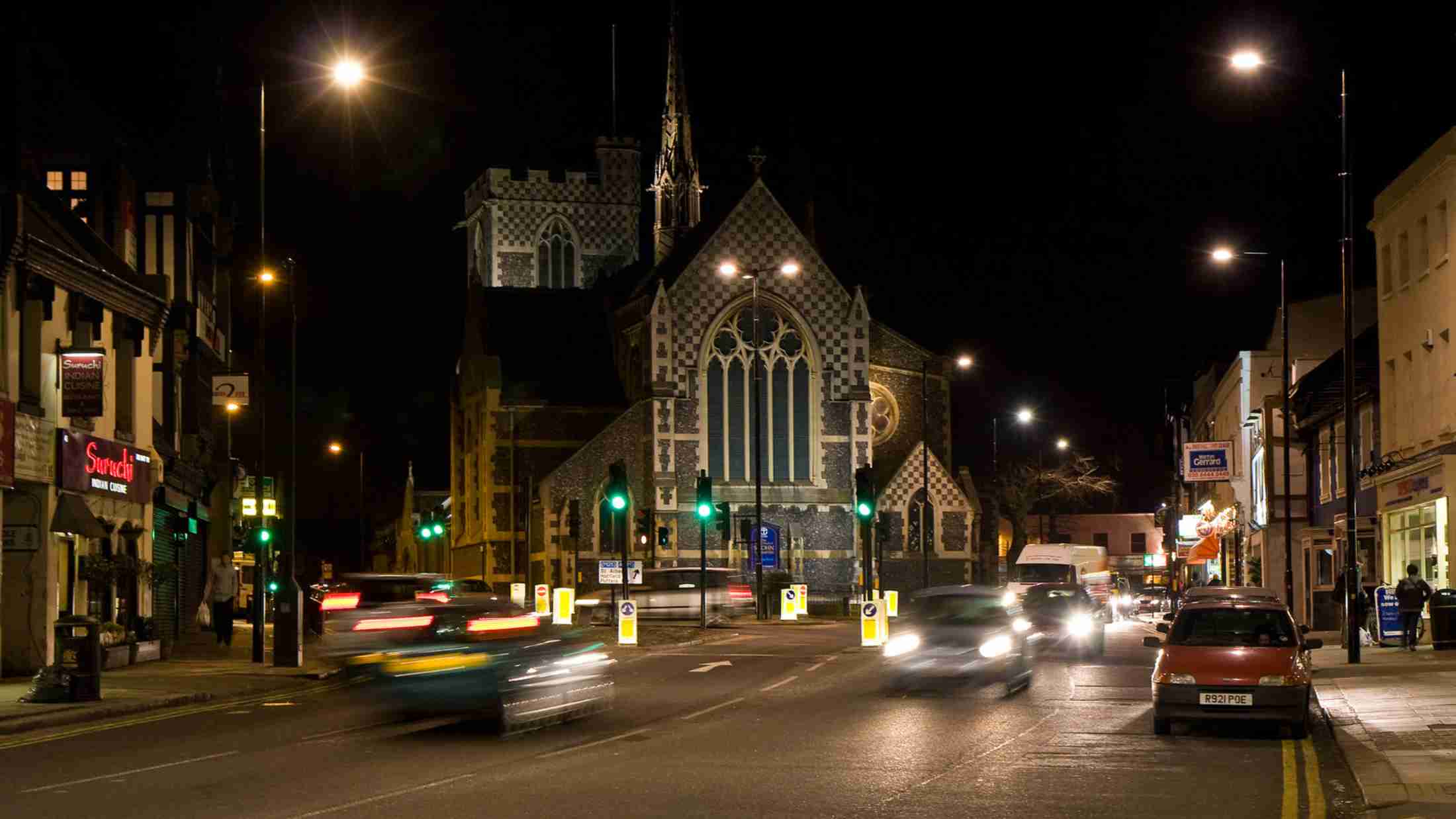 Traffic at night in Barnet, London