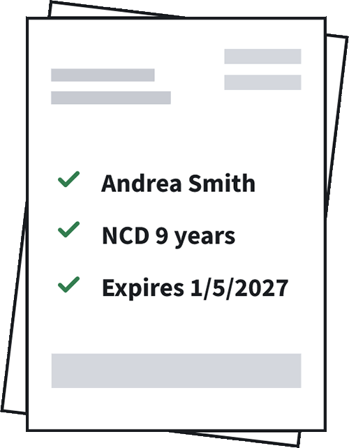 Document displaying name, number of years No Claims Discount and date