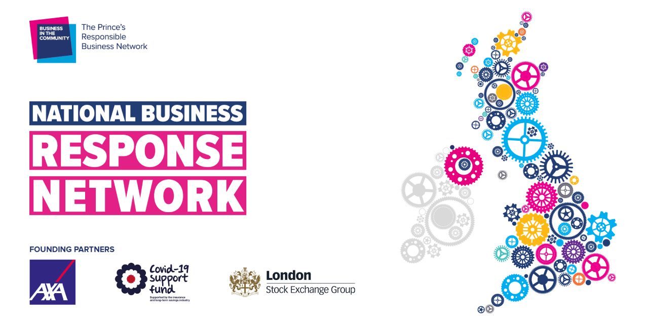 National Business Response Network alongside a map of the UK made up of cogs, and the founding partner logos - AXA, Covid-19 support fund (supported by the insurance and long-term savings industry) and the London Stock Exchange Group