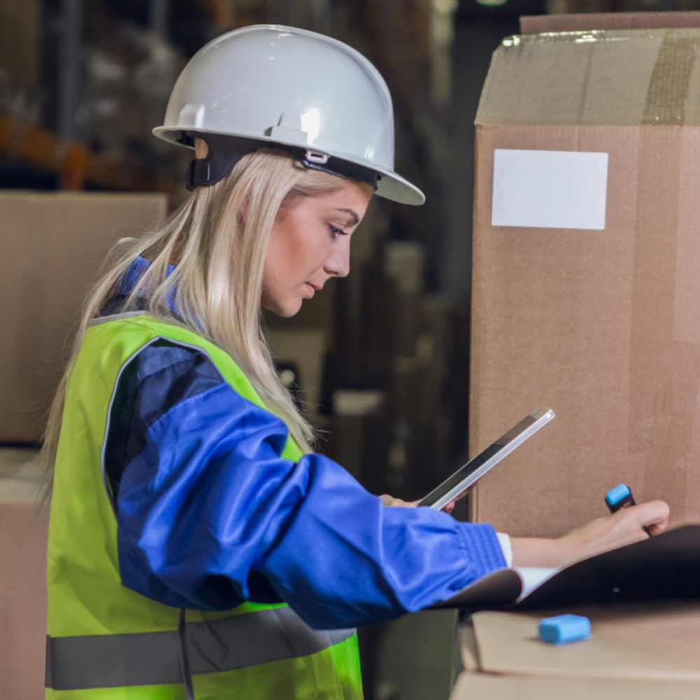 Woman wearing hi-vis jacket and hard hat holding phone and highlighter pen surrounded by cardboard boxes