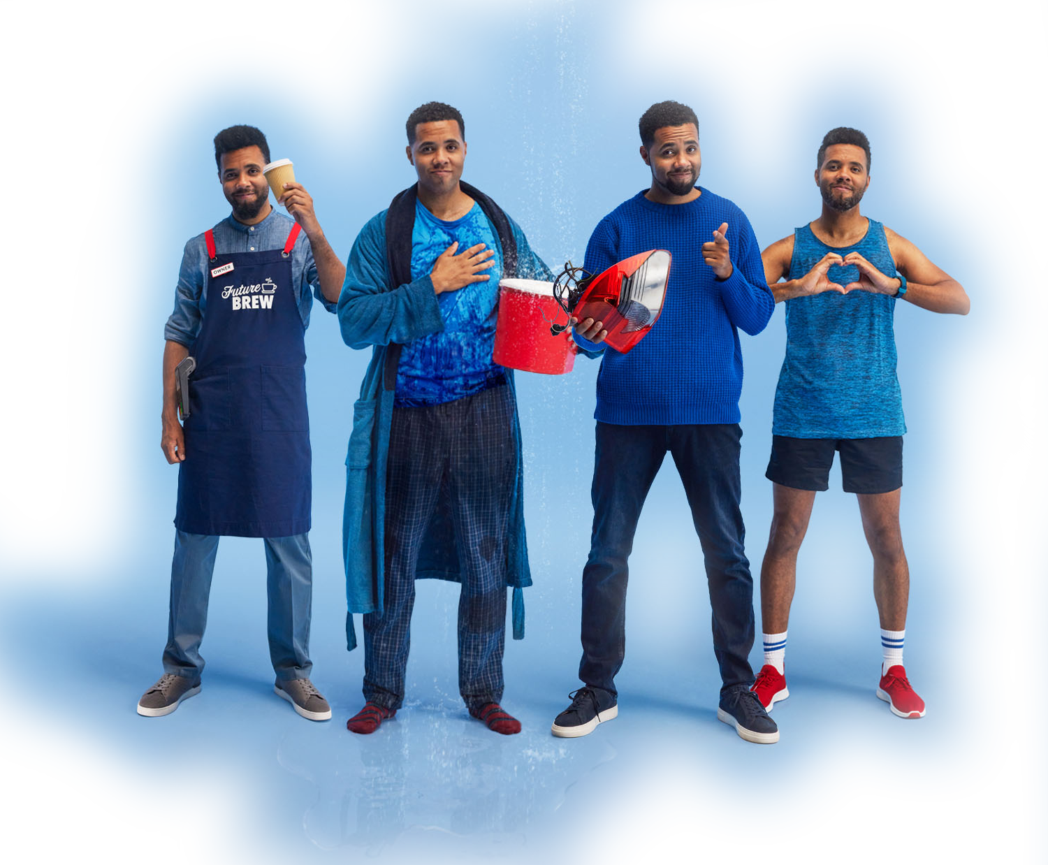 AXA Future You campaign featuring four versions of the protaganist Kenton holding a coffee cup, a bucket, a broken car headlight and making a heart symbol with his hands