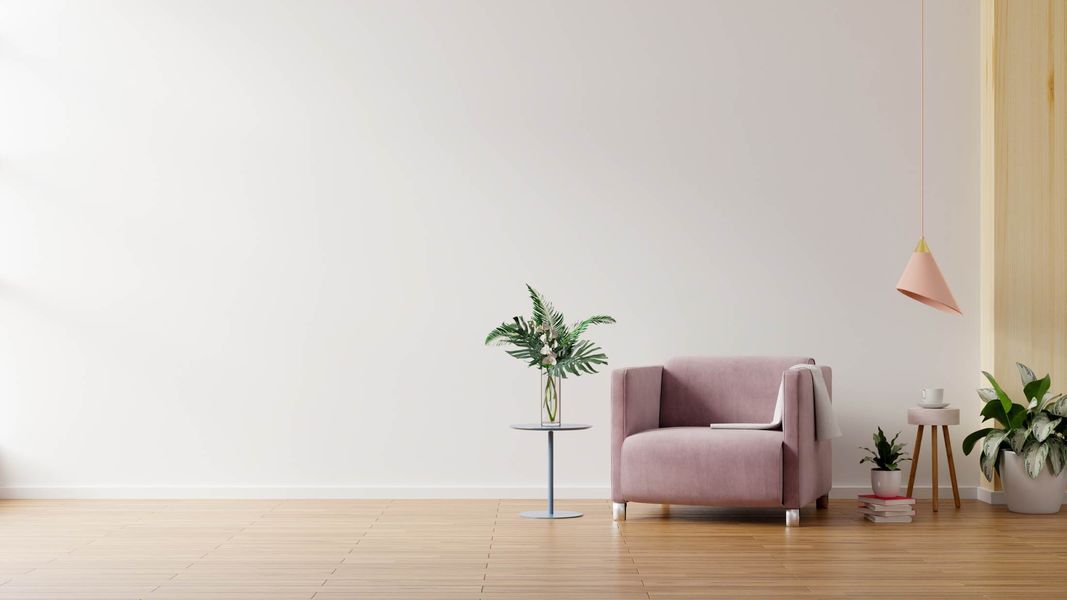 Modern minimalist interior with an armchair on empty white wall background