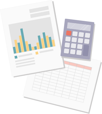 A graphics of a calculator and spreadsheets