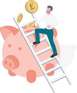 A graphic of a man stand in front of some coins which are dropping into a piggy money poppy