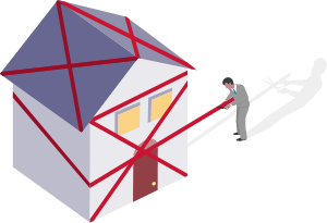 A graphic of a man tackling a red tape of a house