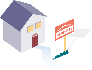 A graphic of a house with a under-offer sign post