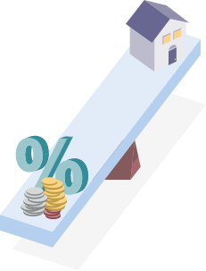 A graphic of a balance measuring some coins and a house