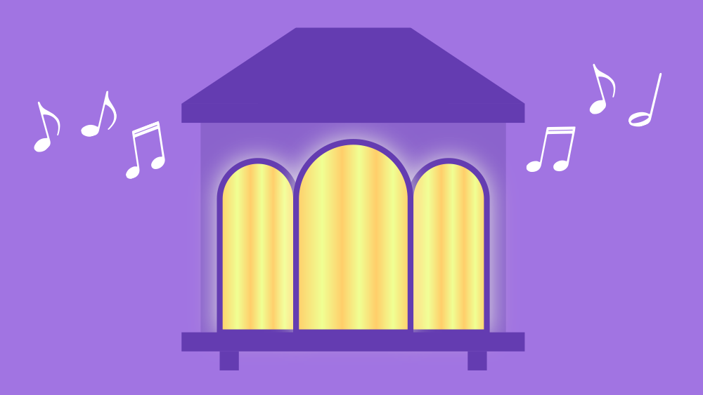 Illustration of a home with lights on and music playing