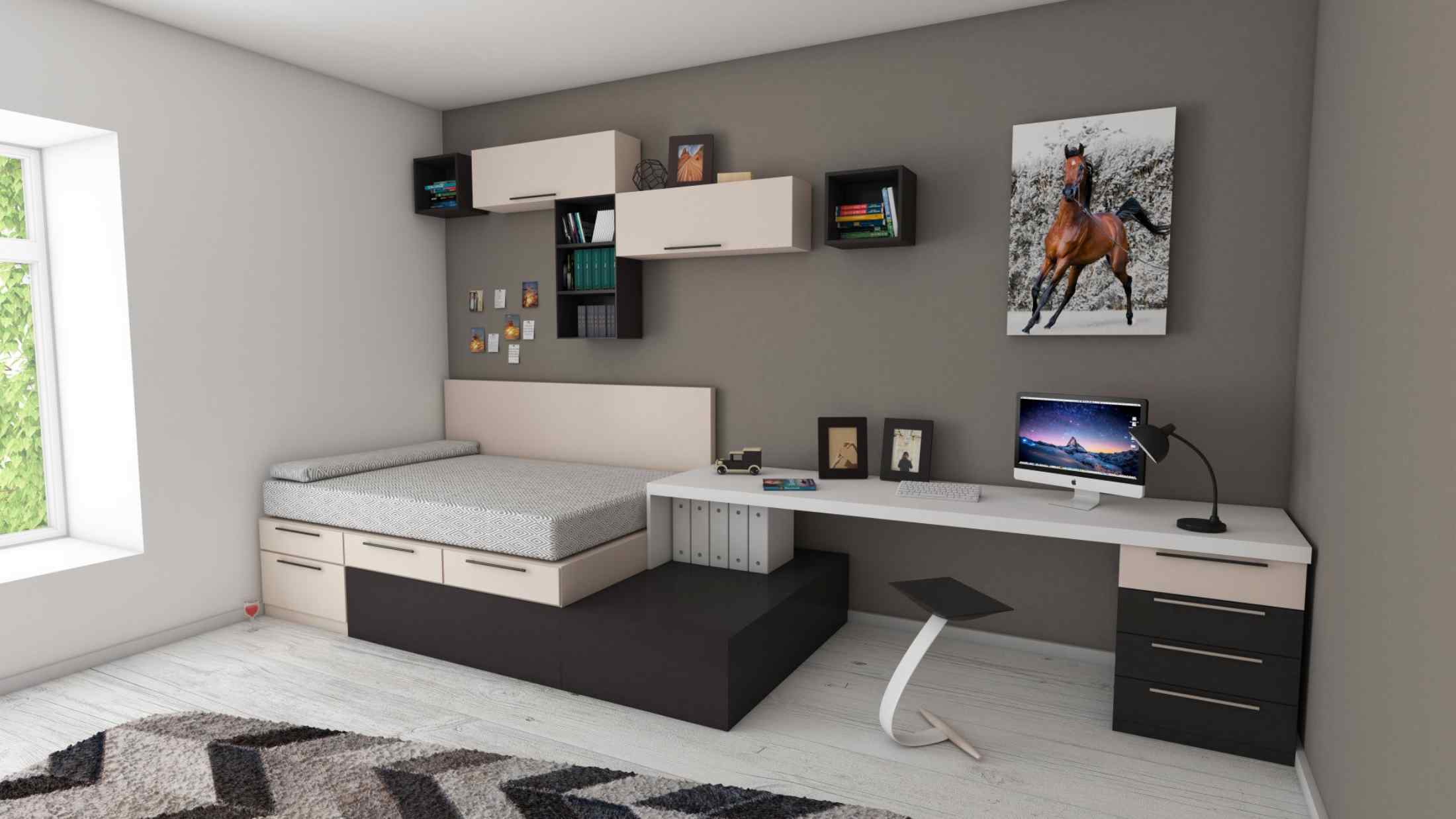 multipurpose bedroom space with integrated desk bed and shelving