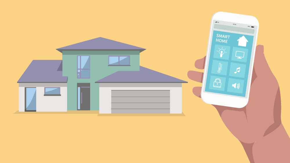Illustration of a home and a smart phone with app icons for appliances it can control