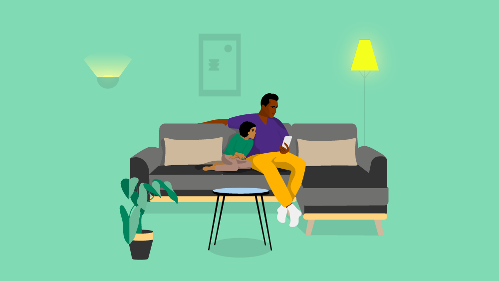 Illustration of a man and daughter sat on the sofa controlling the lights from a smart phone